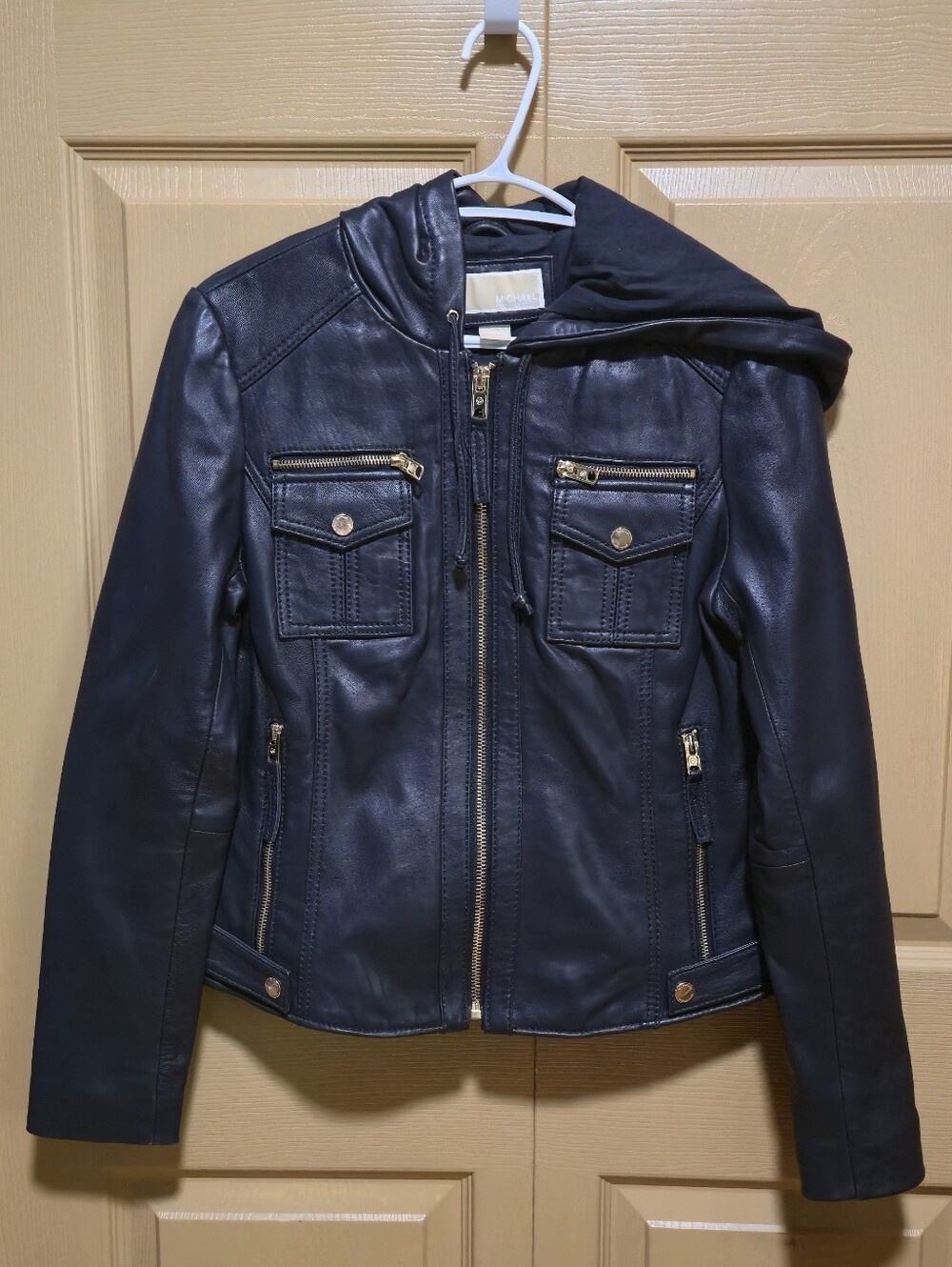 Michael Kors Women’s Navy Leather Zip Front Jacket with Hood